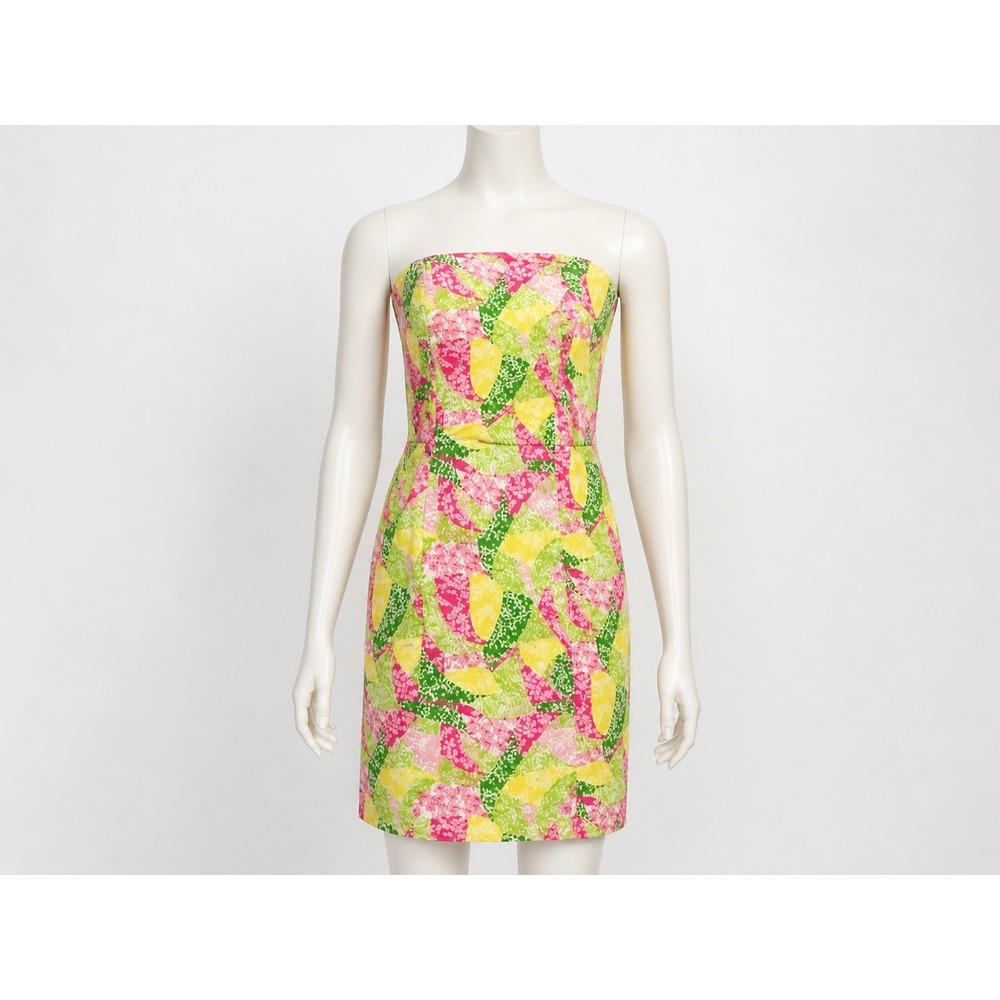 Lilly Pulitzer Mini Dress Women's 4 Pink Green Yellow Floral Strapless Tie Back